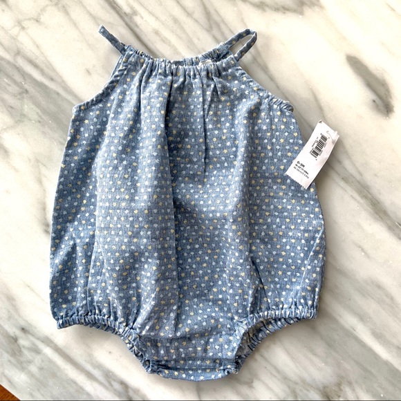 Old Navy•NWT•Bubble Romper•Softened Washed Chambray with Pale Yellow/White•0-3 M - Picture 1 of 9